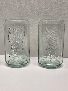 Set of 2 Can-Shaped Coca-Cola Green Drinking Glasses Soda Collectible